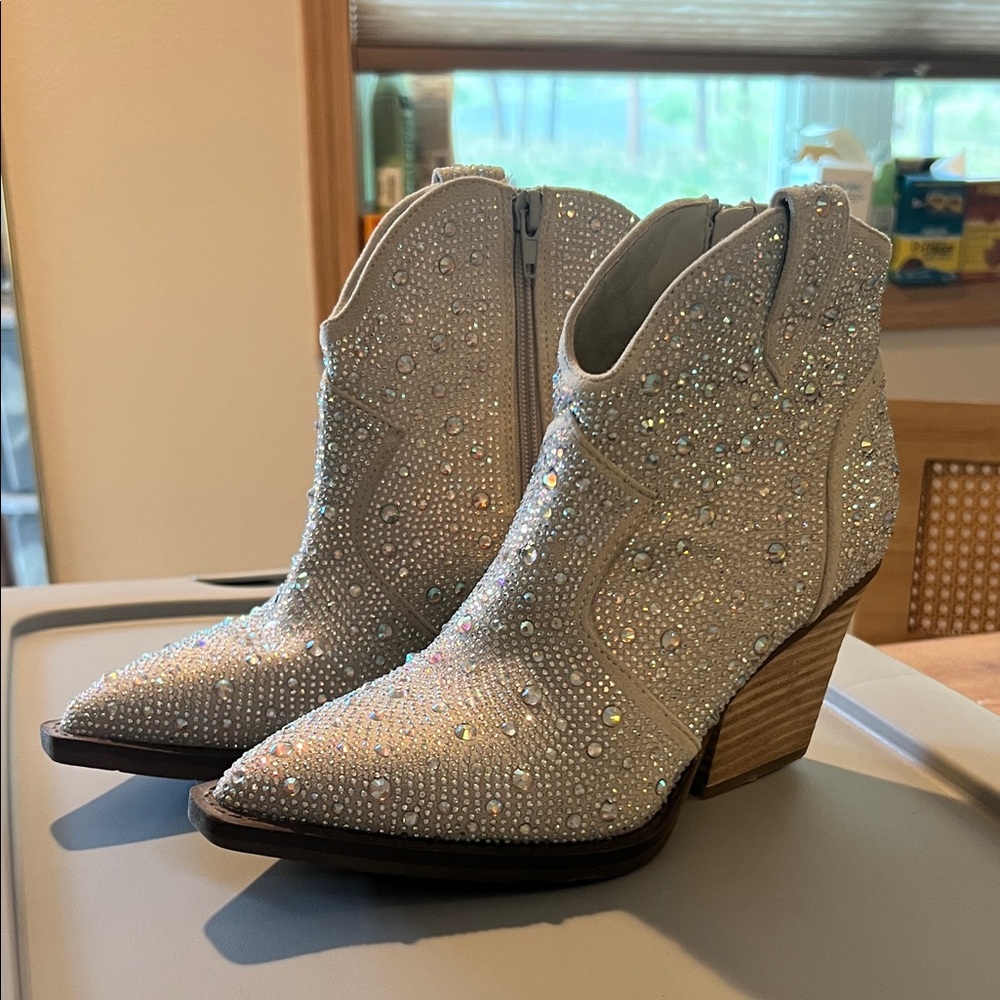 Elegant White Rhinestone Ankle Boots